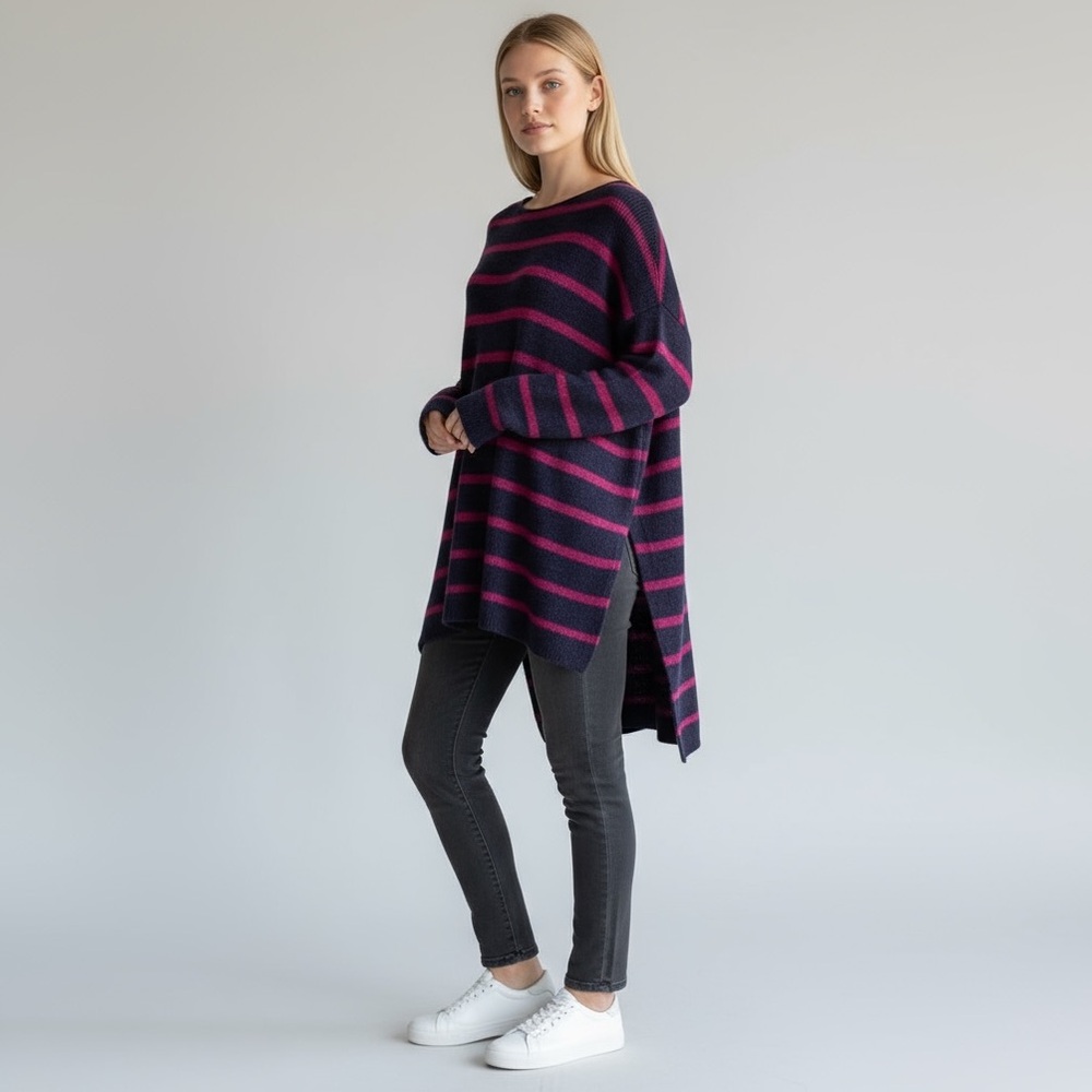 Free People Navy and Magenta Striped Oversized Crewneck Sweater